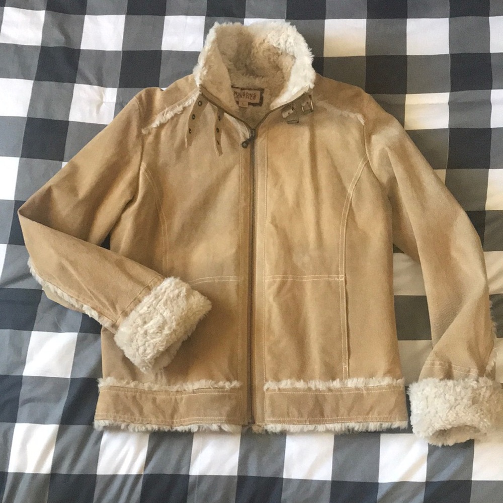 Womens WILSONS LEATHER Suede Camel Tan SHERPA Faux Fur Quilted Jacket Sz Large L - Picture 1 of 16
